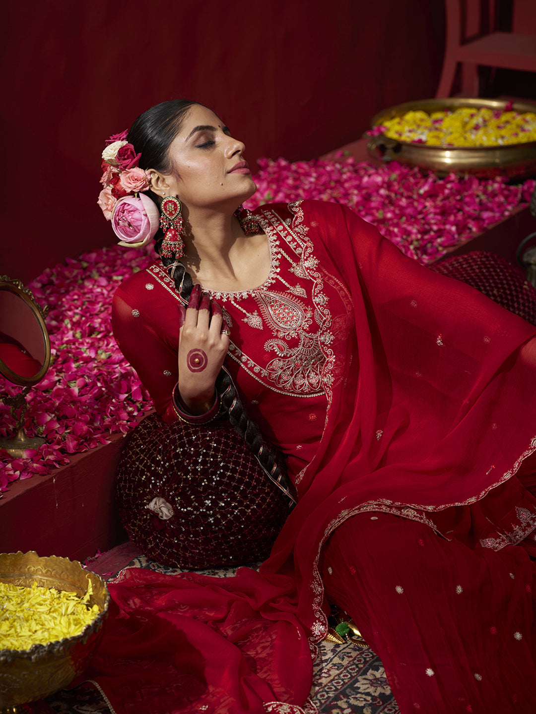 Red Georgette Zari Sequence Embroidered Kurta with Palazzo and Dupatta Set