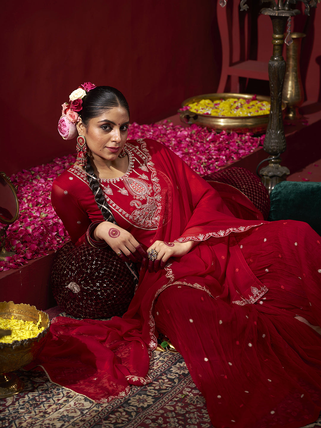 Red Georgette Zari Sequence Embroidered Kurta with Palazzo and Dupatta Set