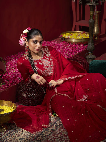 Red Georgette Zari Sequence Embroidered Kurta with Palazzo and Dupatta Set