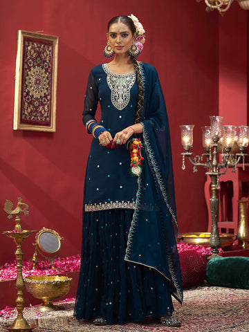 Blue Embroidered Kurta Set with Dupatta & Palazzo Pants