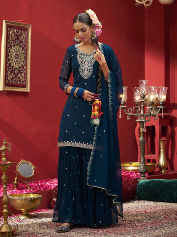Blue Embroidered Kurta Set with Dupatta & Palazzo Pants