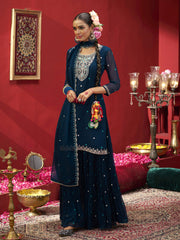 Blue Embroidered Kurta Set with Dupatta & Palazzo Pants