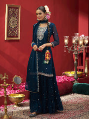 Blue Georgette Zari Sequence Embroidered Kurta with Palazzo and Dupatta Set