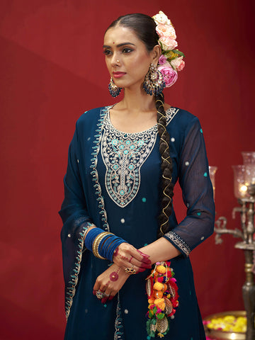Blue Embroidered Kurta Set with Dupatta & Palazzo Pants