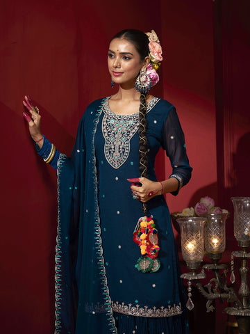 Blue Embroidered Kurta Set with Dupatta & Palazzo Pants