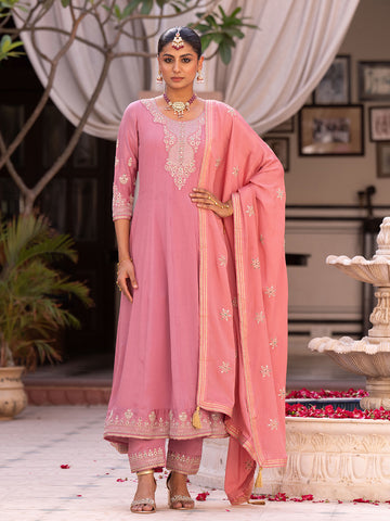 Pink Chinon Zari Sequence Thread Embroidered and Cording With Mirror Work Anarkali Kurta With Pant And Dupatta Set