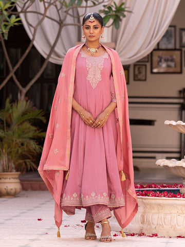 Pink Chinon Zari Sequence Thread Embroidered and Cording With Mirror Work Anarkali Kurta With Pant And Dupatta Set