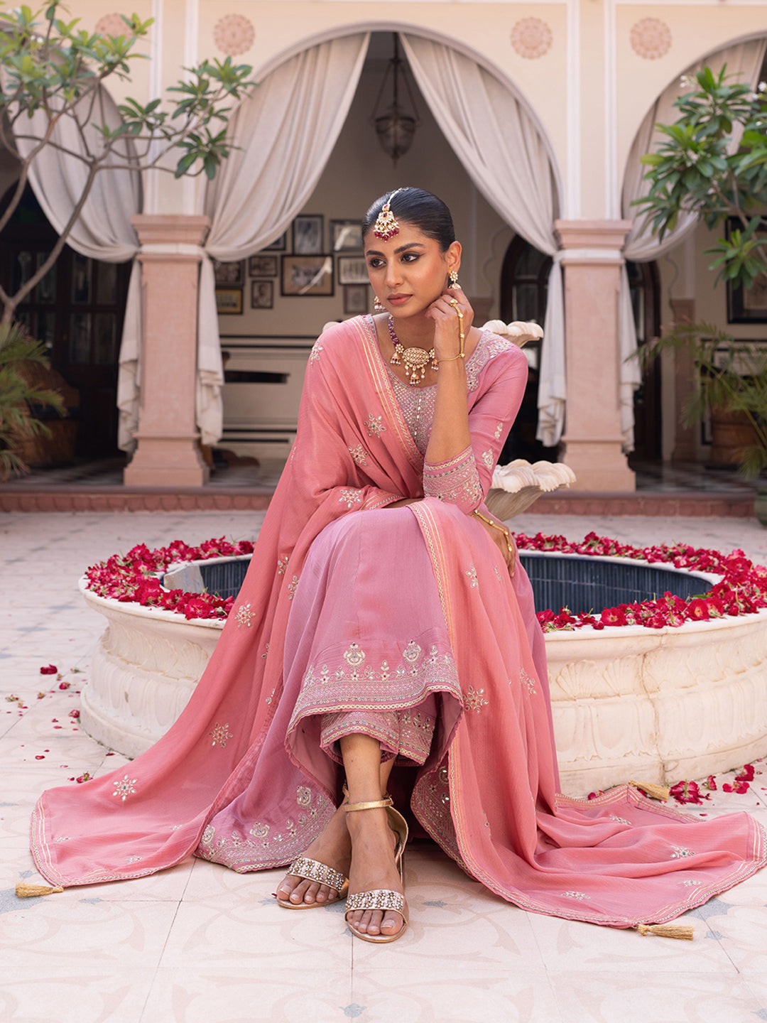 Pink Chinon Zari Sequence Thread Embroidered and Cording With Mirror Work Anarkali Kurta With Pant And Dupatta Set
