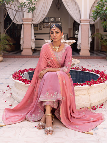 Pink Chinon Zari Sequence Thread Embroidered and Cording With Mirror Work Anarkali Kurta With Pant And Dupatta Set