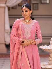 Pink Chinon Zari Sequence Thread Embroidered and Cording With Mirror Work Anarkali Kurta With Pant And Dupatta Set