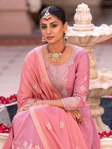 Pink Chinon Zari Sequence Thread Embroidered and Cording With Mirror Work Anarkali Kurta With Pant And Dupatta Set