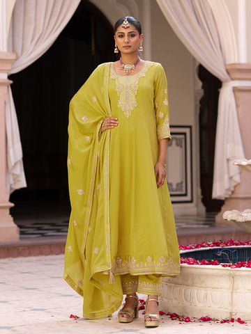Yellow Chinon Zari Sequence Thread Embroidered and Cording With Mirror Work Anarkali Kurta With Pant And Dupatta Set