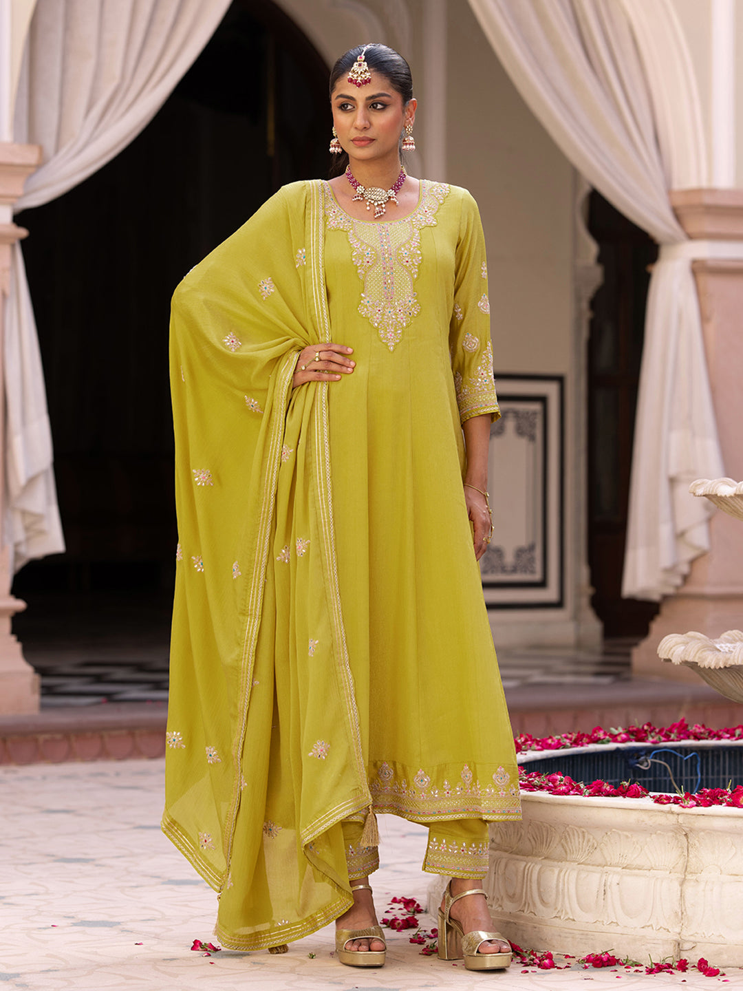 Yellow Chinon Zari Sequence Thread Embroidered and Cording With Mirror Work Anarkali Kurta With Pant And Dupatta Set