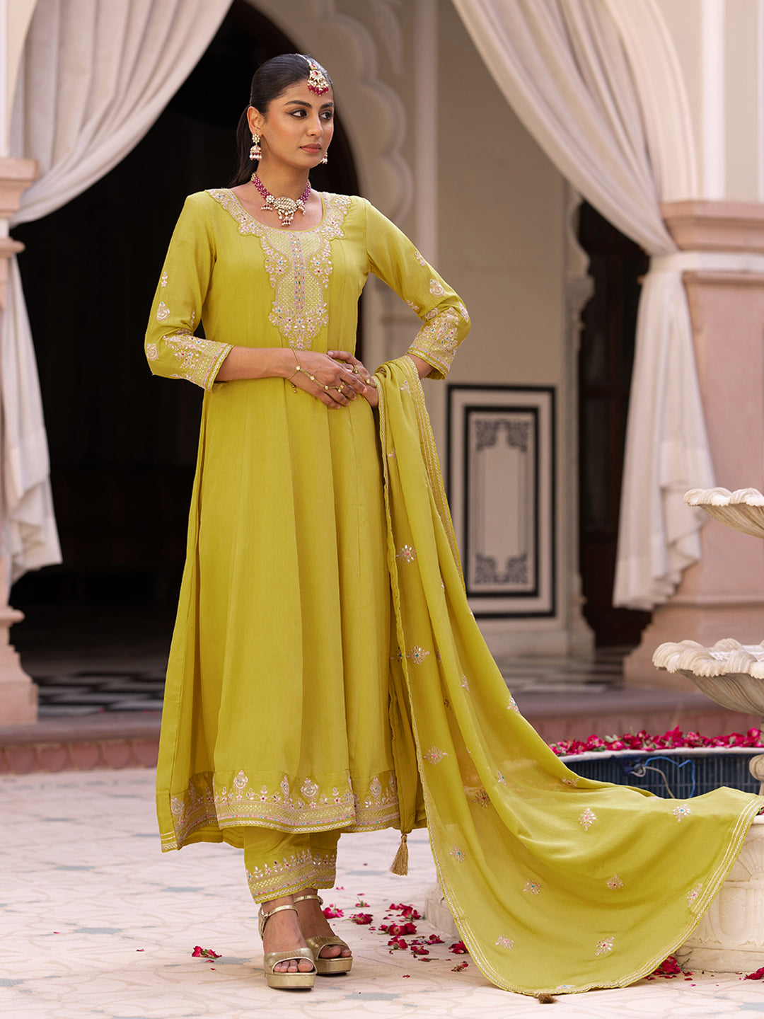Yellow Chinon Zari Sequence Thread Embroidered and Cording With Mirror Work Anarkali Kurta With Pant And Dupatta Set