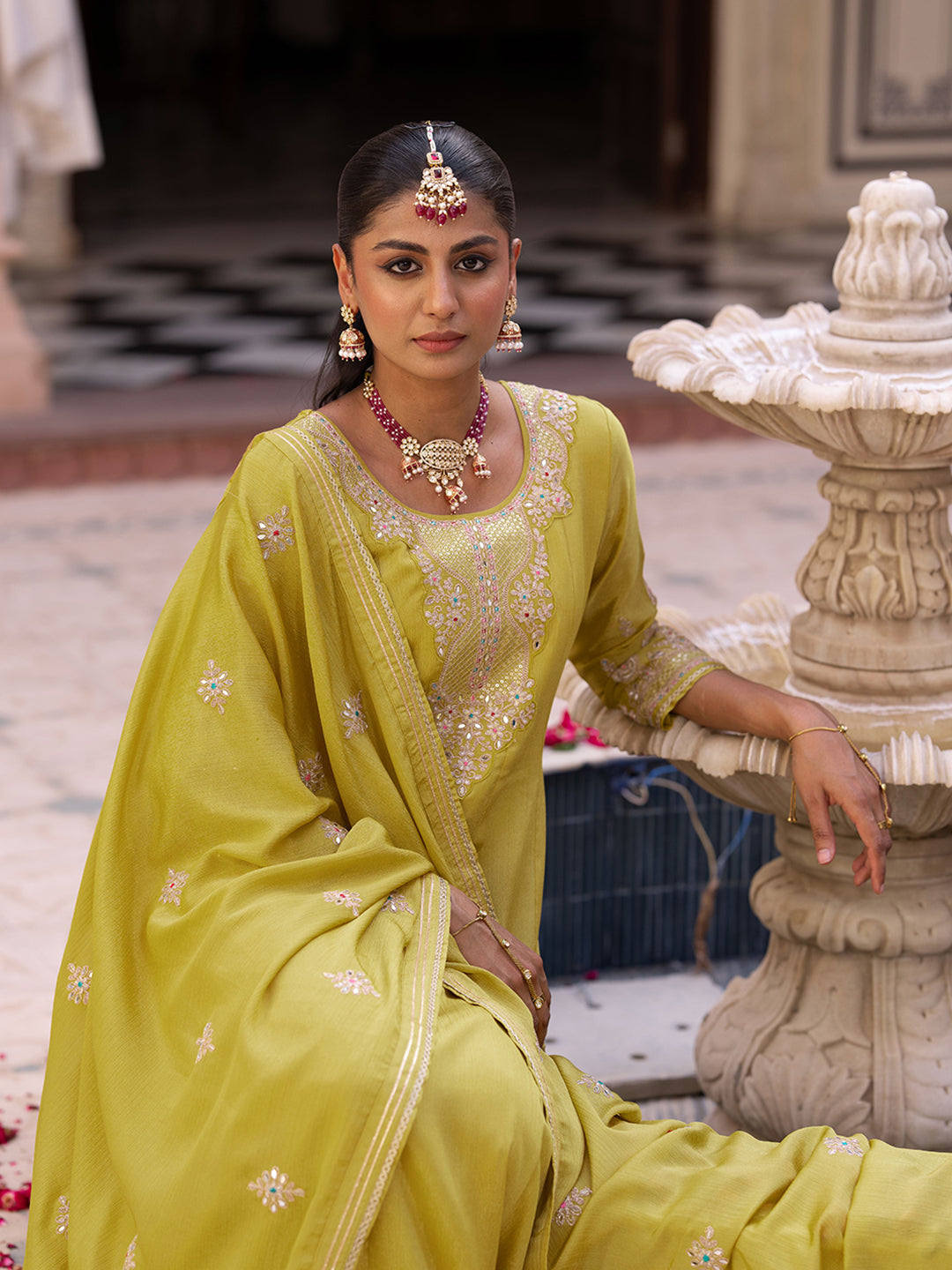 Yellow Chinon Zari Sequence Thread Embroidered and Cording With Mirror Work Anarkali Kurta With Pant And Dupatta Set