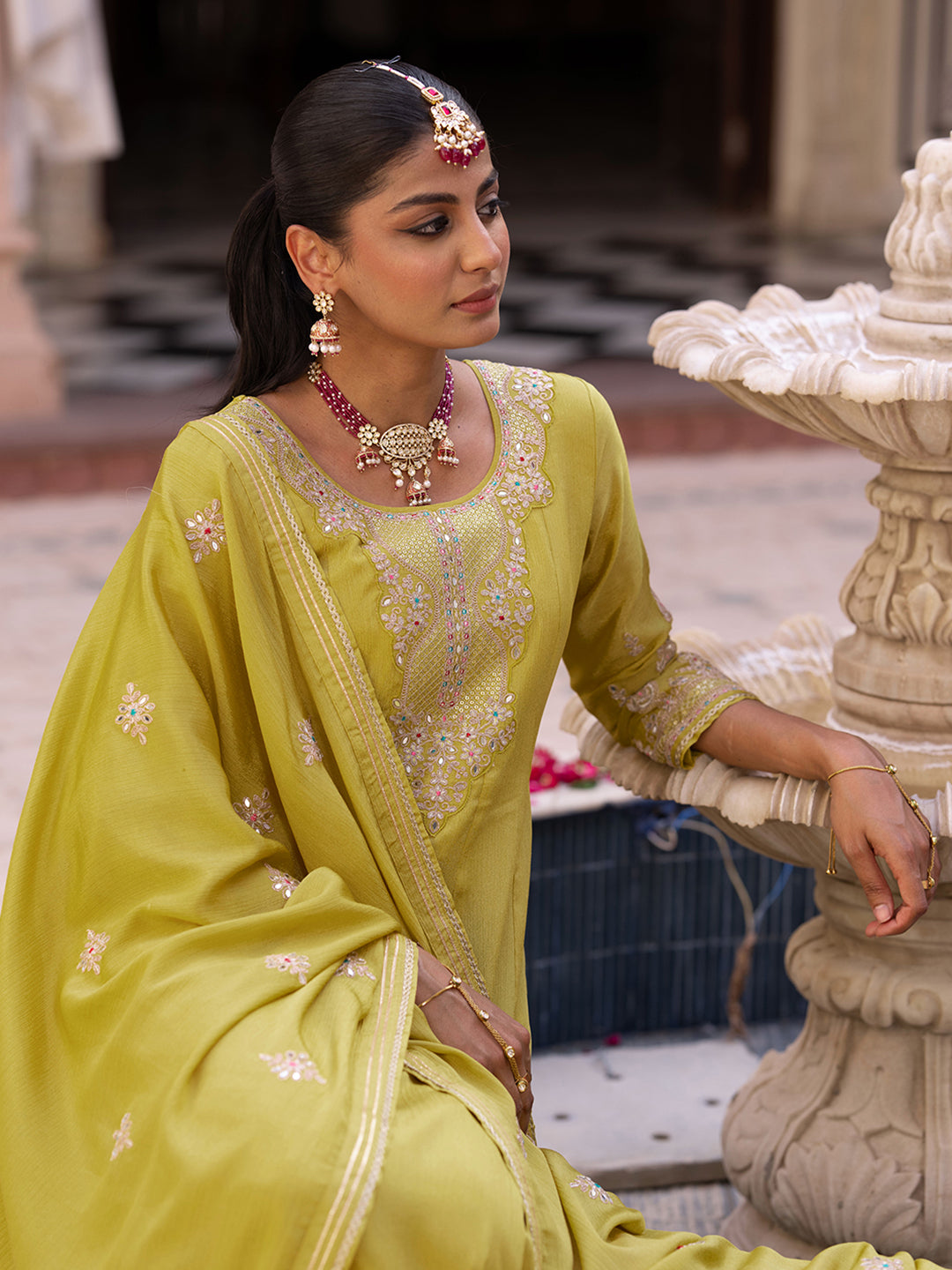 Yellow Chinon Zari Sequence Thread Embroidered and Cording With Mirror Work Anarkali Kurta With Pant And Dupatta Set