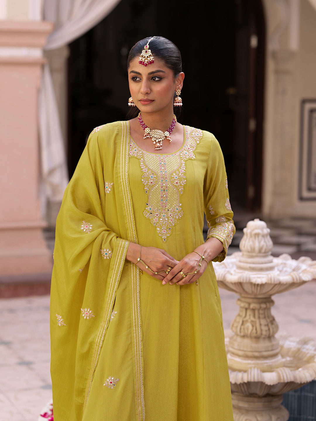 Yellow Chinon Zari Sequence Thread Embroidered and Cording With Mirror Work Anarkali Kurta With Pant And Dupatta Set