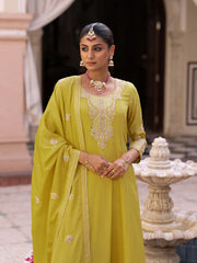 Yellow Chinon Zari Sequence Thread Embroidered and Cording With Mirror Work Anarkali Kurta With Pant And Dupatta Set