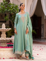 Blue Chinon Zari Sequence Thread Embroidered and Cording With Mirror Work Anarkali Kurta With Pant And Dupatta Set