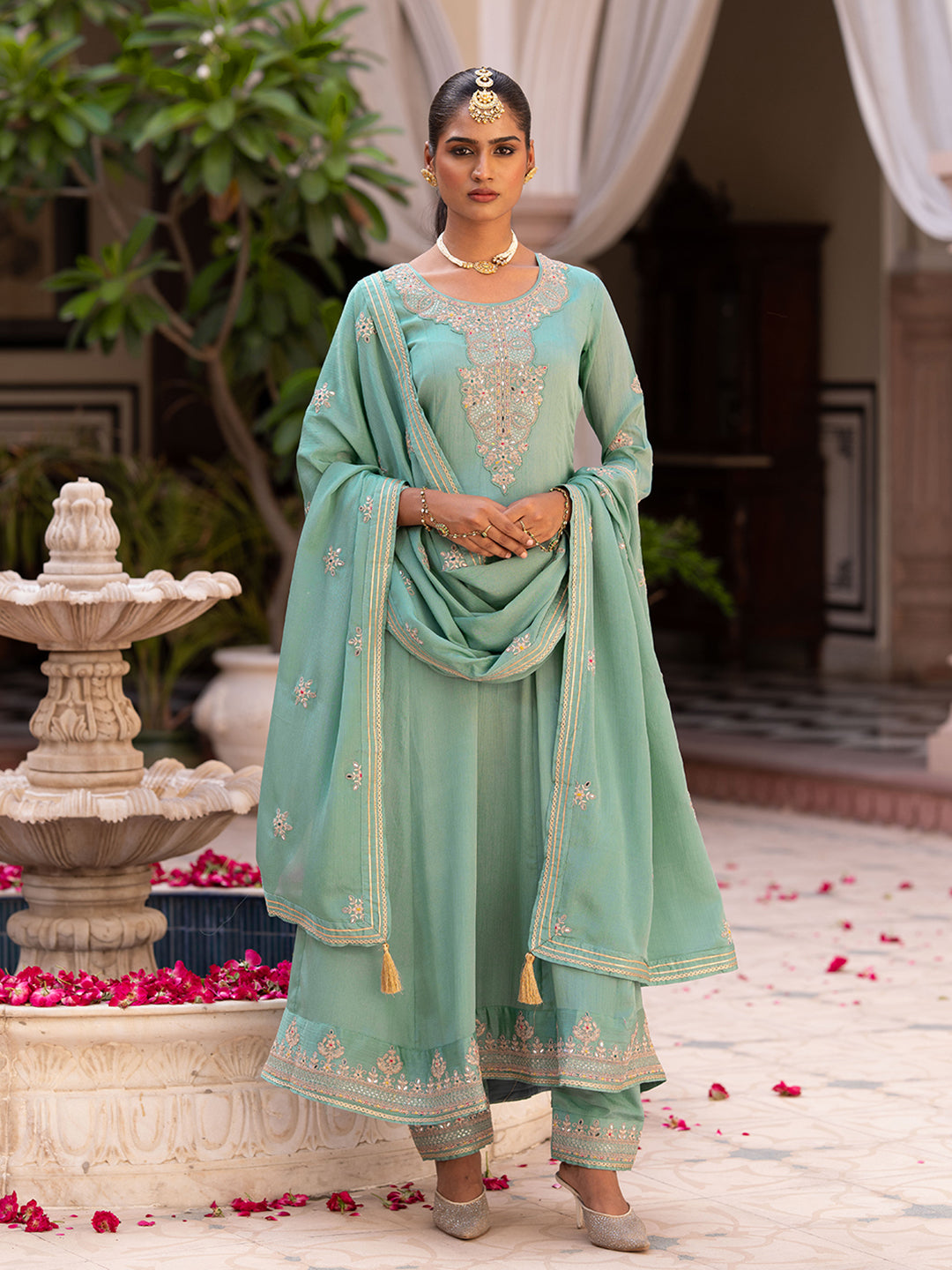 Blue Chinon Zari Sequence Thread Embroidered and Cording With Mirror Work Anarkali Kurta With Pant And Dupatta Set
