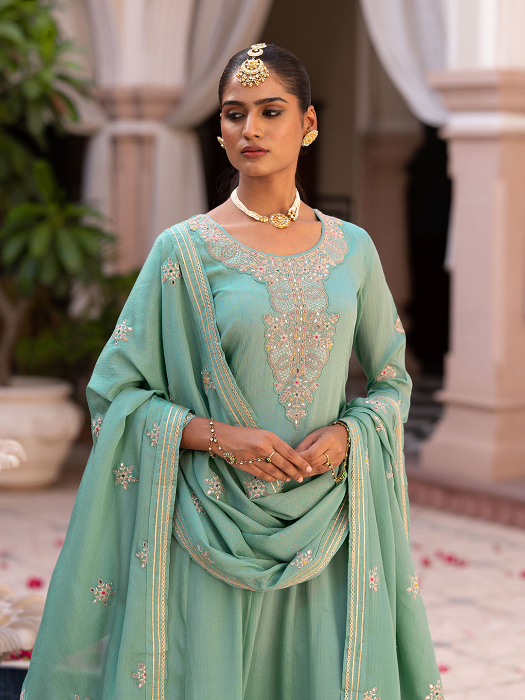 Blue Chinon Zari Sequence Thread Embroidered and Cording With Mirror Work Anarkali Kurta With Pant And Dupatta Set