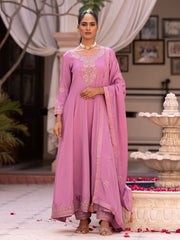 Peach Chinon Zari Sequence Thread Embroidered and Cording With Mirror Work Anarkali Kurta With Pant And Dupatta Set