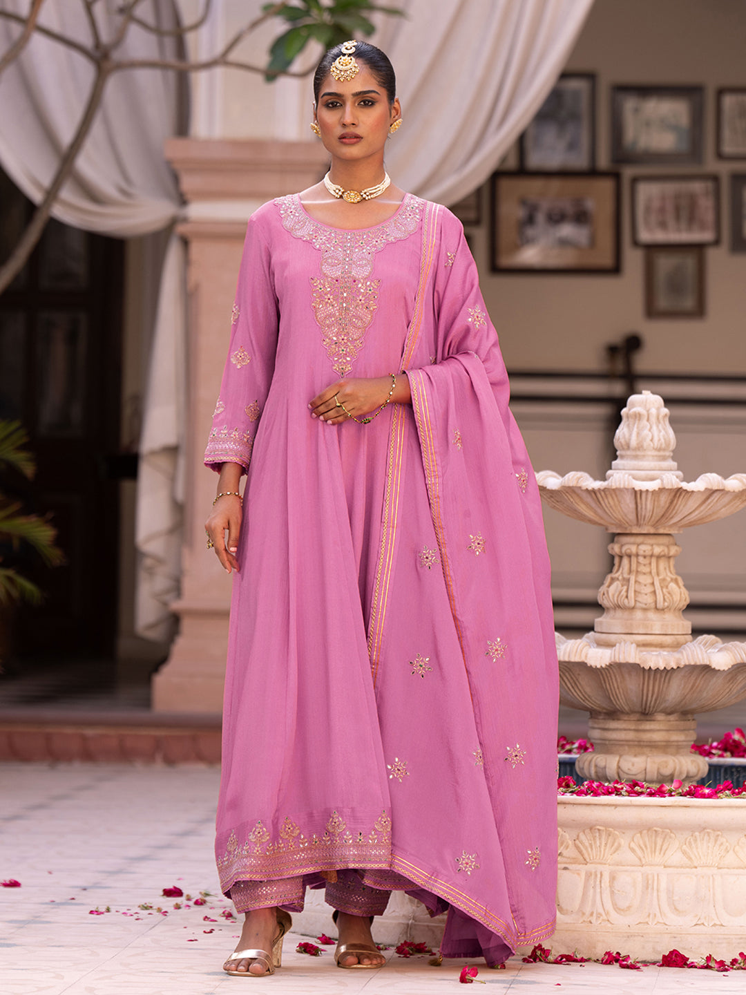 Peach Chinon Zari Sequence Thread Embroidered and Cording With Mirror Work Anarkali Kurta With Pant And Dupatta Set