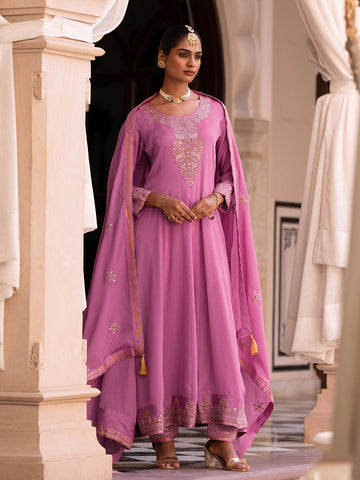 Peach Chinon Zari Sequence Thread Embroidered and Cording With Mirror Work Anarkali Kurta With Pant And Dupatta Set