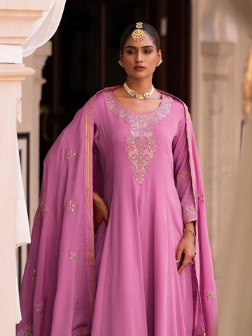 Peach Chinon Zari Sequence Thread Embroidered and Cording With Mirror Work Anarkali Kurta With Pant And Dupatta Set