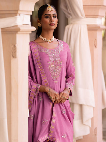 Peach Chinon Zari Sequence Thread Embroidered and Cording With Mirror Work Anarkali Kurta With Pant And Dupatta Set
