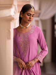Peach Embroidered Kurta Set with Dupatta & Pants