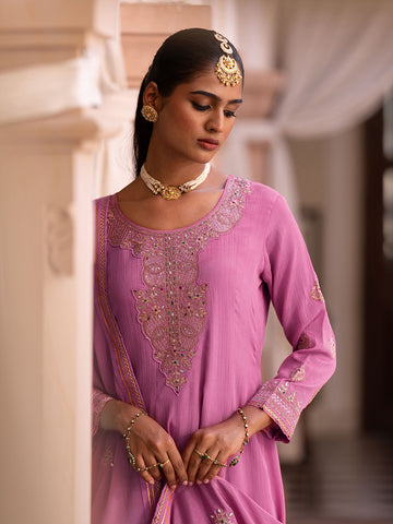 Peach Chinon Zari Sequence Thread Embroidered and Cording With Mirror Work Anarkali Kurta With Pant And Dupatta Set