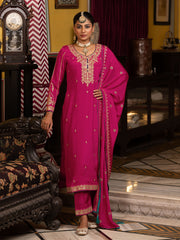 Pink Chinon Zari Sequence EmbroidePink and Cording Kurta With Pant And Dupatta Set