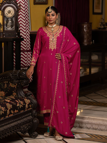 Pink Chinon Zari Sequence EmbroidePink and Cording Kurta With Pant And Dupatta Set