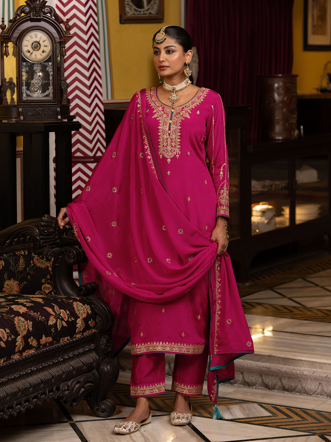 Pink Chinon Zari Sequence EmbroidePink and Cording Kurta With Pant And Dupatta Set