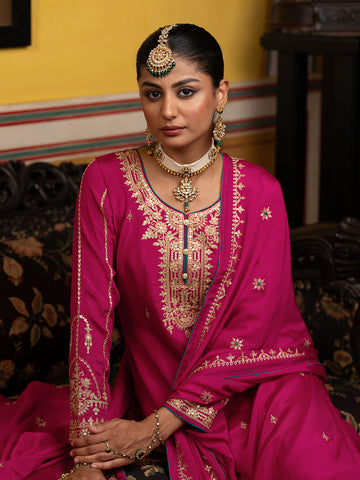 Pink Chinon Zari Sequence EmbroidePink and Cording Kurta With Pant And Dupatta Set