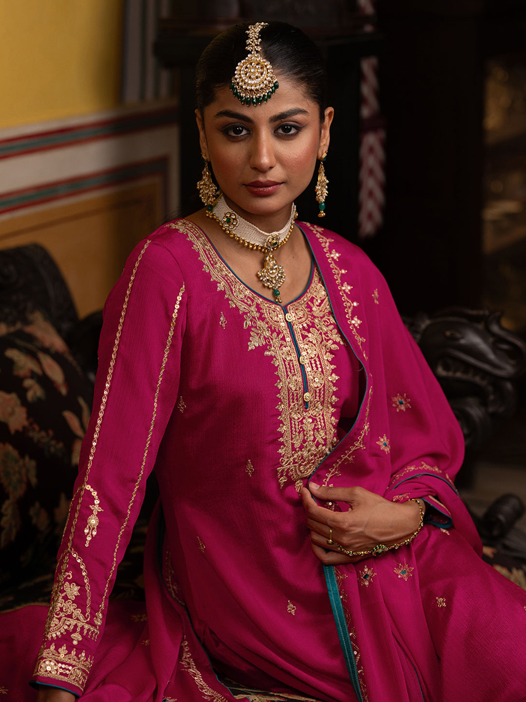 Pink Chinon Zari Sequence EmbroidePink and Cording Kurta With Pant And Dupatta Set