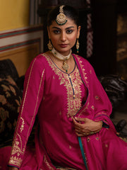 Pink Chinon Zari Sequence EmbroidePink and Cording Kurta With Pant And Dupatta Set