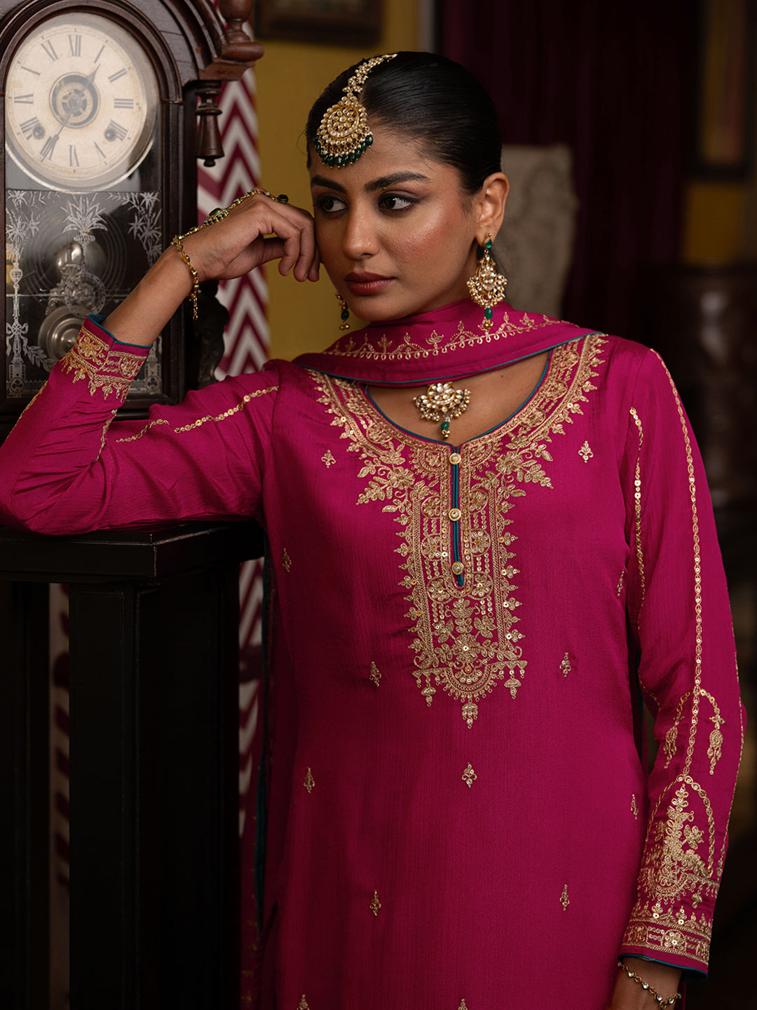 Pink Chinon Zari Sequence EmbroidePink and Cording Kurta With Pant And Dupatta Set