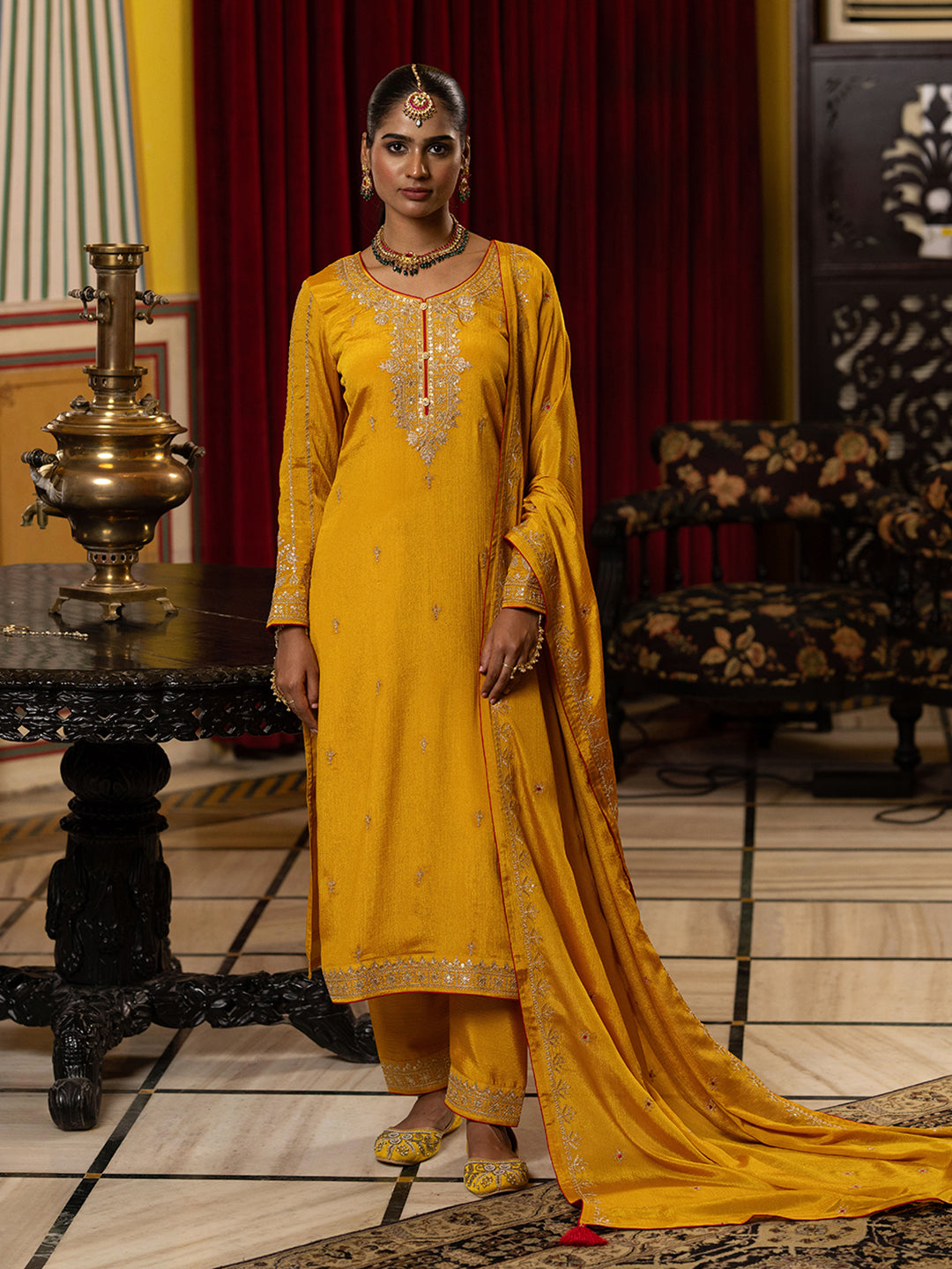 Yellow Chinon Zari Sequence Embroidered and Cording Kurta With Pant And Dupatta Set