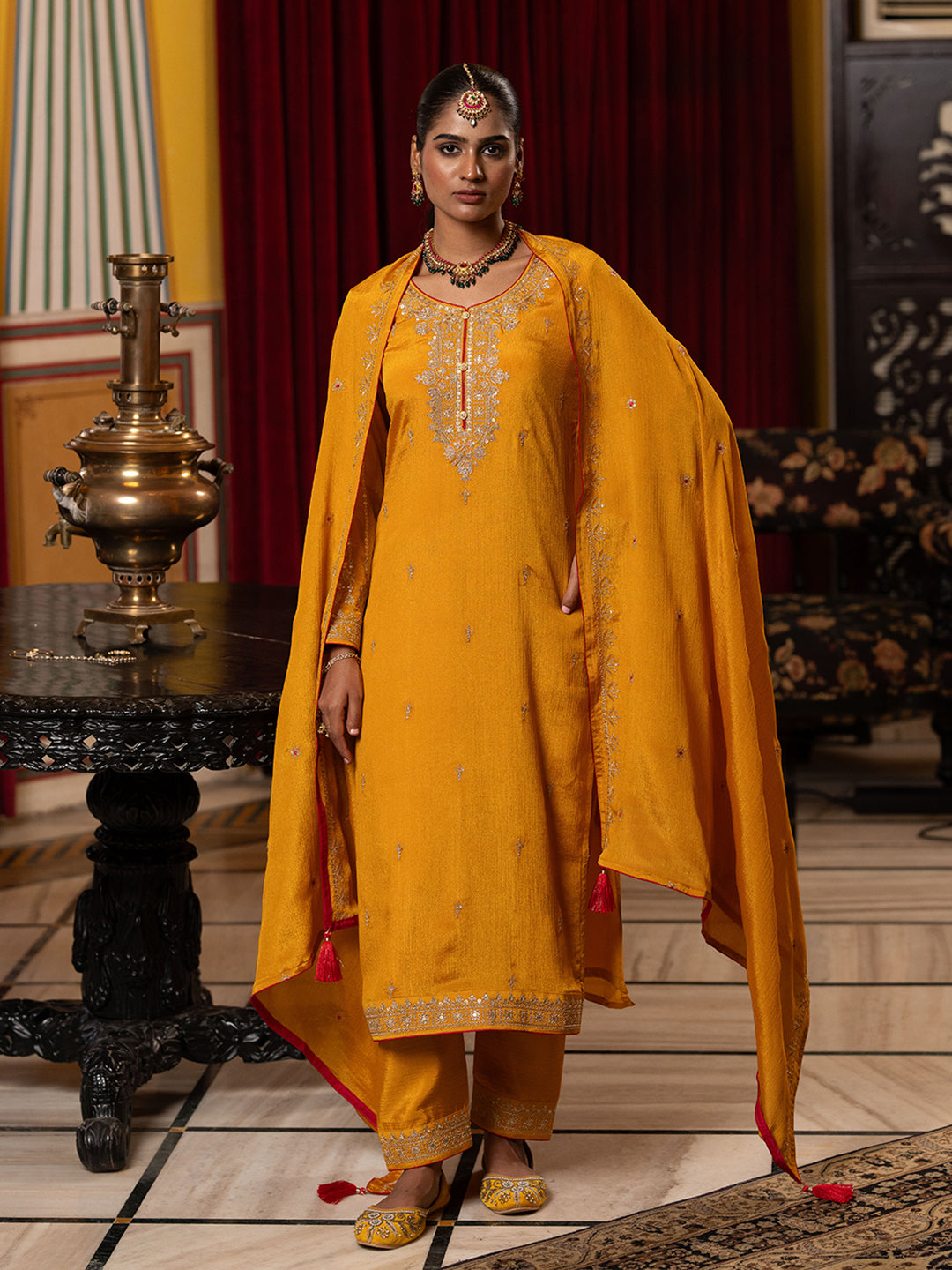 Yellow Chinon Zari Sequence Embroidered and Cording Kurta With Pant And Dupatta Set