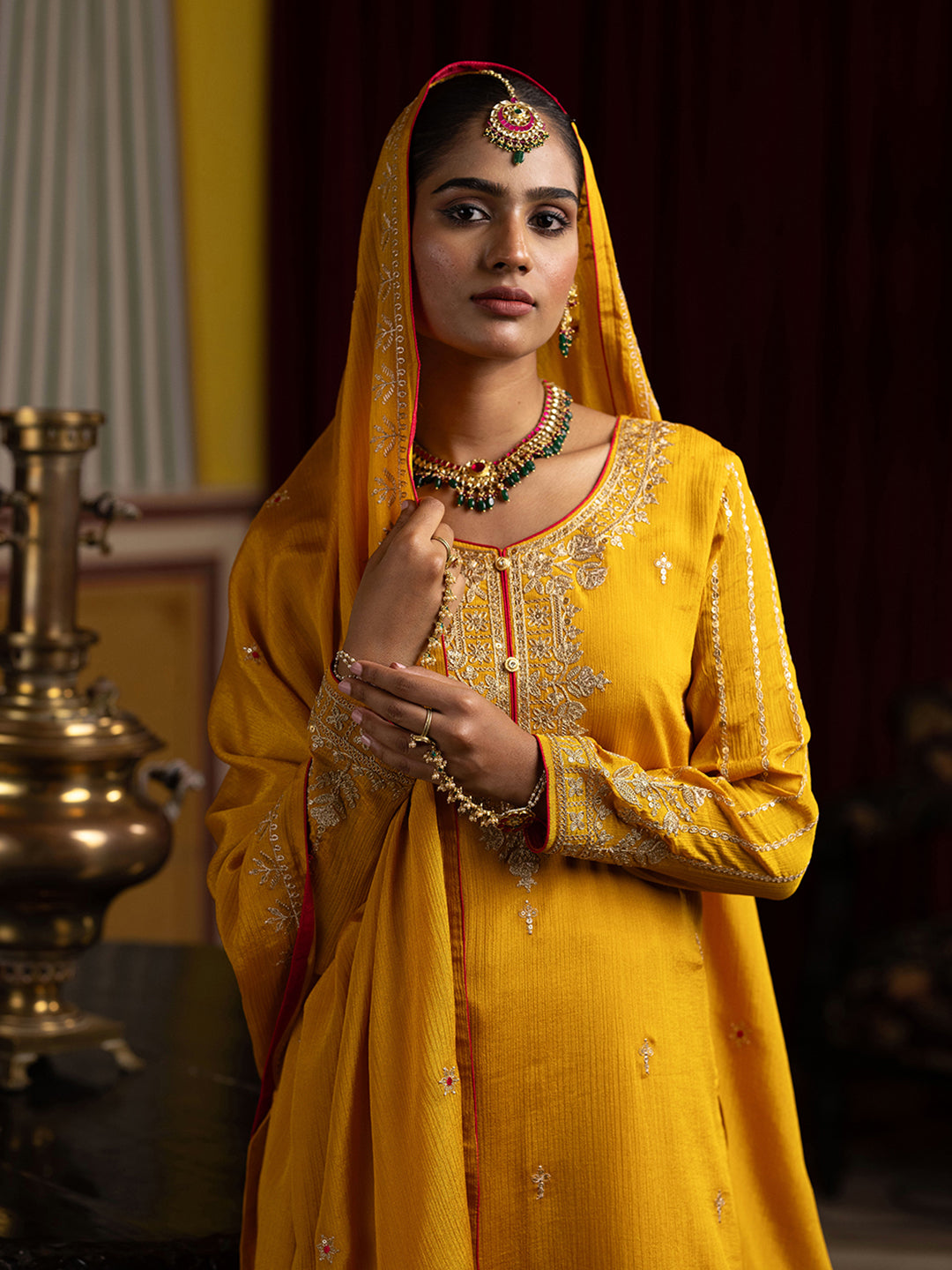Yellow Chinon Zari Sequence Embroidered and Cording Kurta With Pant And Dupatta Set