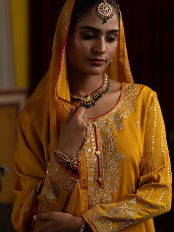 Yellow Chinon Zari Sequence Embroidered and Cording Kurta With Pant And Dupatta Set