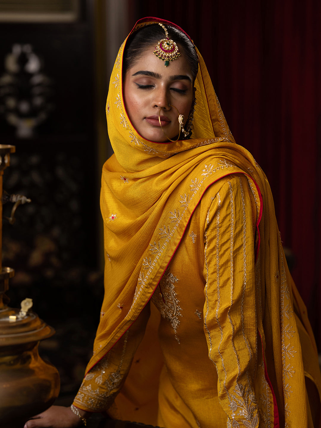 Yellow Chinon Zari Sequence Embroidered and Cording Kurta With Pant And Dupatta Set