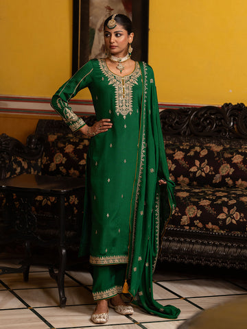 Green Chinon Zari Sequence Embroidered and Cording Kurta With Pant And Dupatta Set
