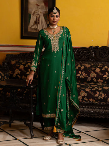 Green Chinon Zari Sequence Embroidered and Cording Kurta With Pant And Dupatta Set