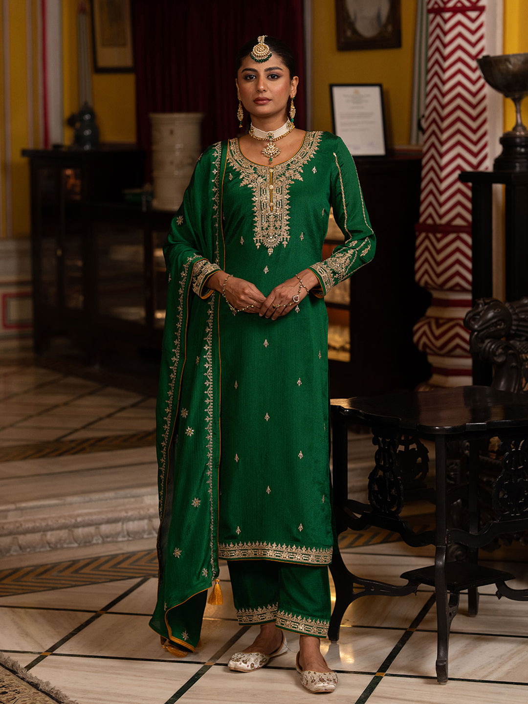 Green Chinon Zari Sequence Embroidered and Cording Kurta With Pant And Dupatta Set