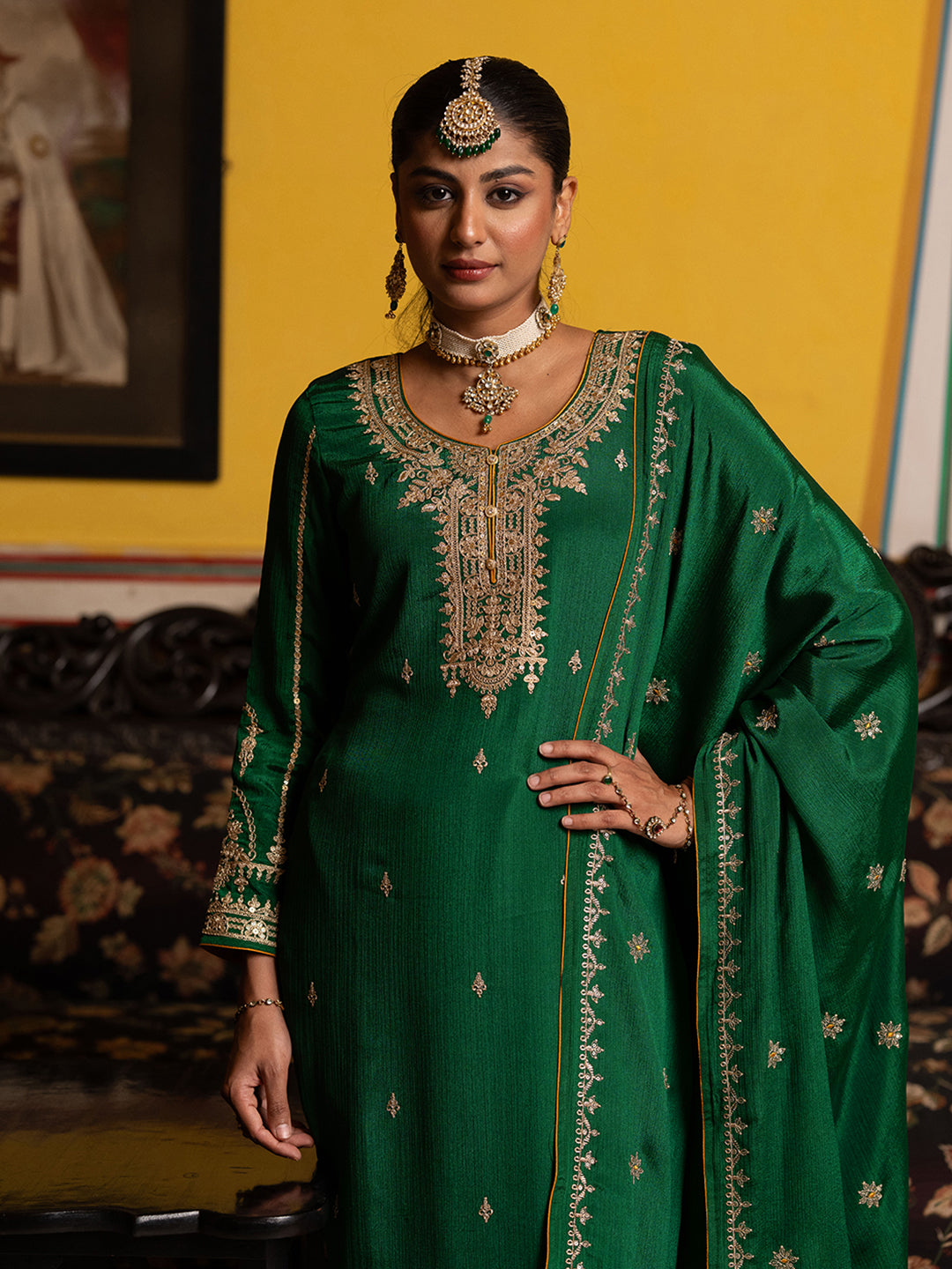 Green Chinon Zari Sequence Embroidered and Cording Kurta With Pant And Dupatta Set