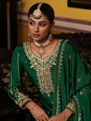 Green Chinon Zari Sequence Embroidered and Cording Kurta With Pant And Dupatta Set