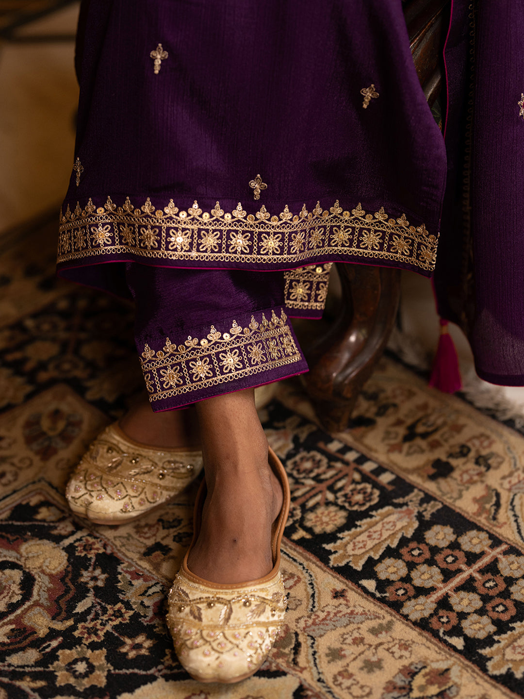 Purple Chinon Zari Sequence Embroidered and Cording Kurta With Pant And Dupatta Set